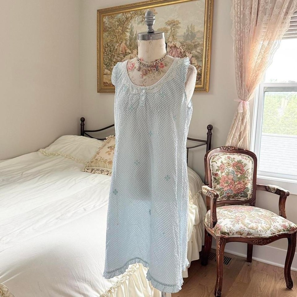 blue gingham dress 70s miss elaine baby blue nightgown size medium